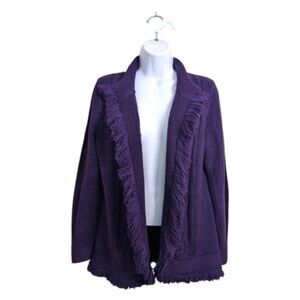 Chico's Wool Blend Purple Cable Knit Cardigan Sweater Open Front Fringe Trim M